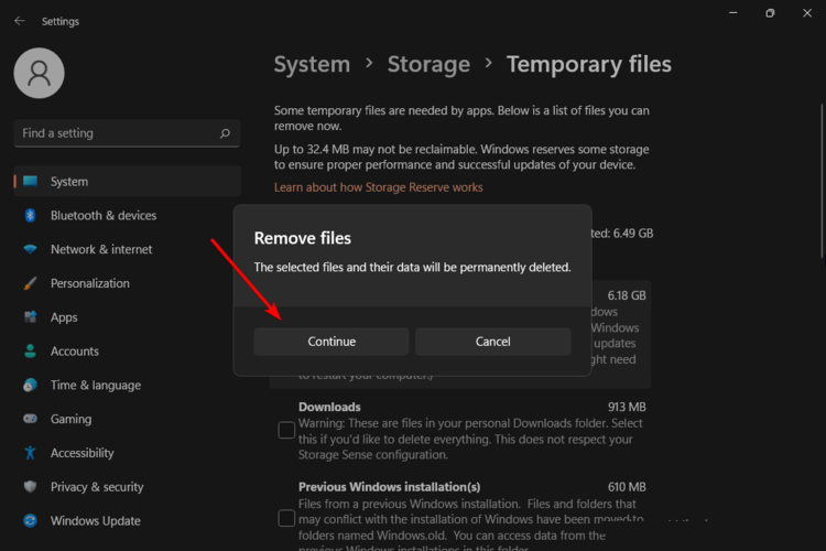 Подтверждение удаления временных файлов