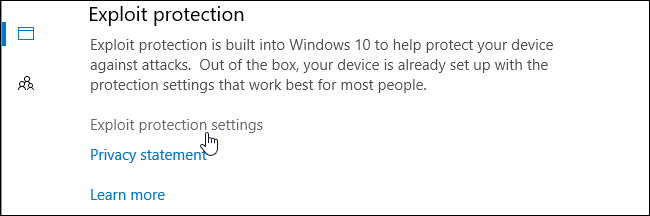 Кнопка настроек Exploit protection