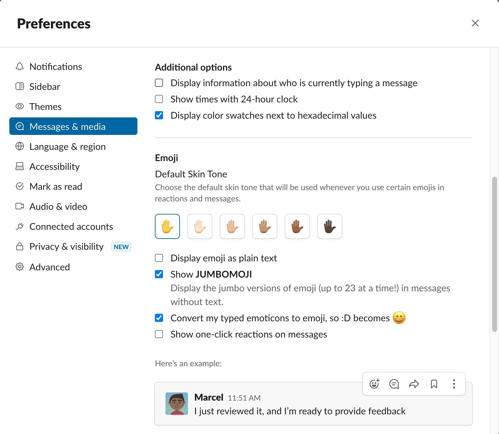 Настройки Slack на настольном компьютере, вкладка Сообщения и медиа