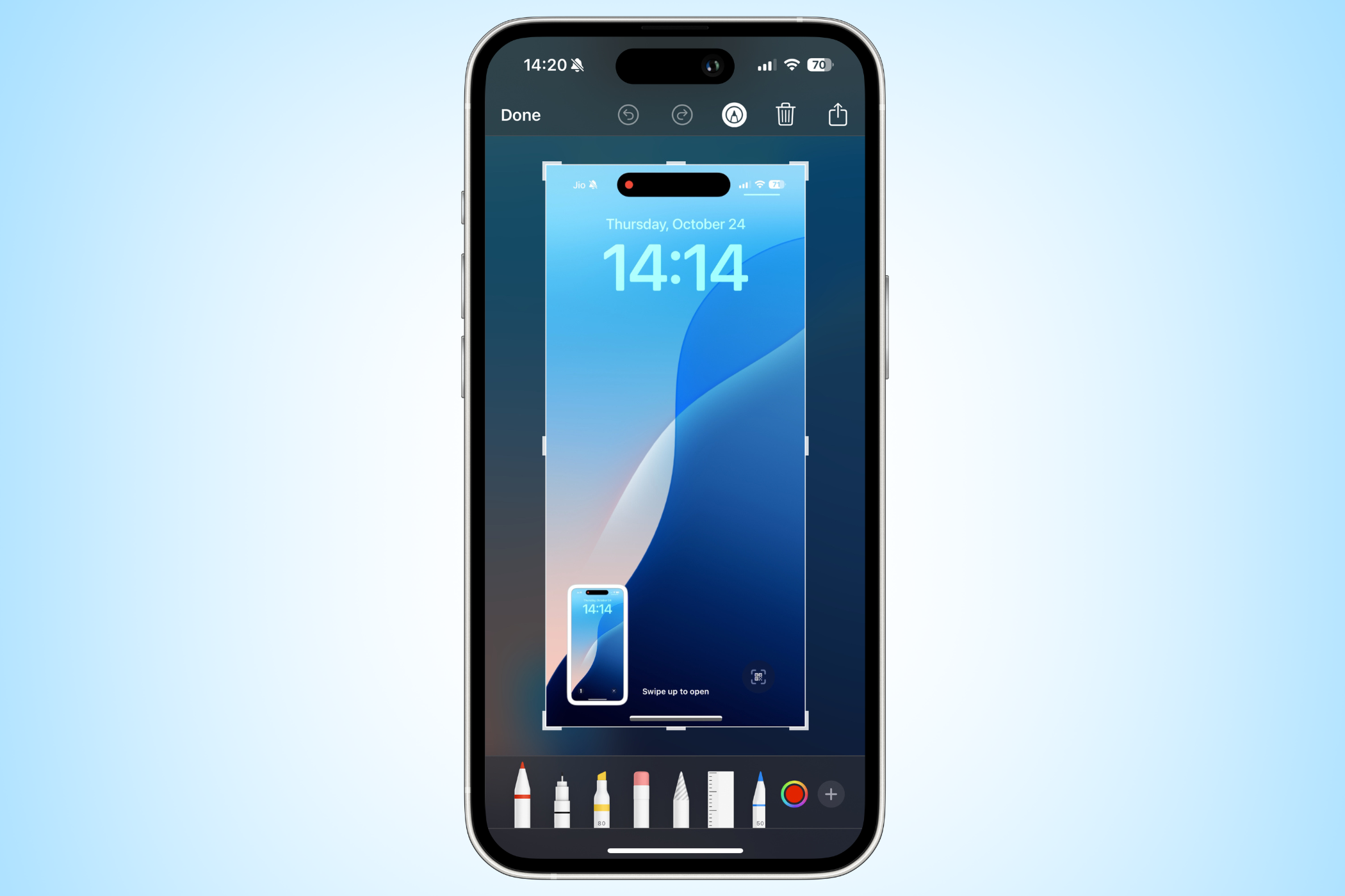 Инструменты разметки на iPhone 16: ручка, маркер, линейка.