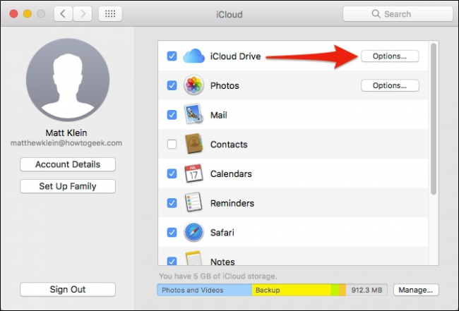Параметры iCloud Drive с кнопкой Options