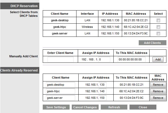 Список DHCP-резерваций с MAC и IP