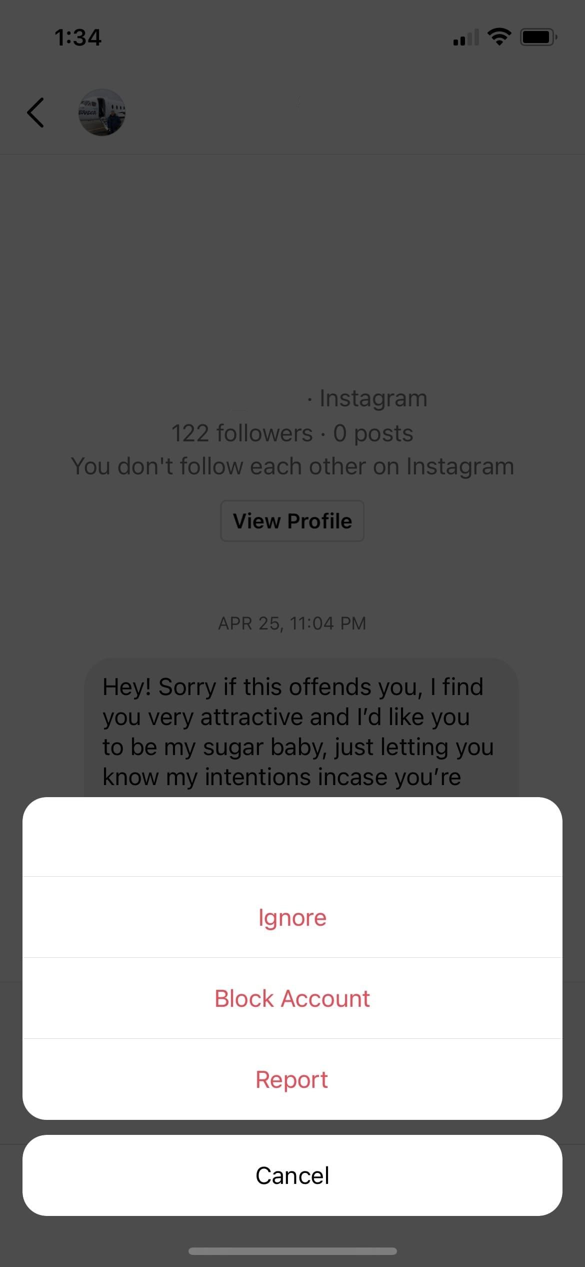 Интерфейс блокировки пользователя в Instagram