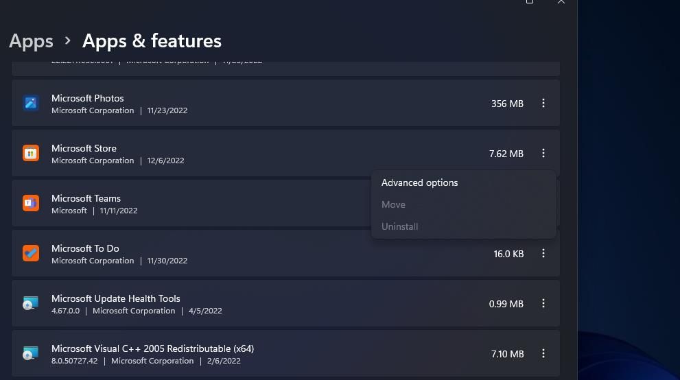 Пункт «Дополнительные параметры» для Microsoft Teams в списке приложений