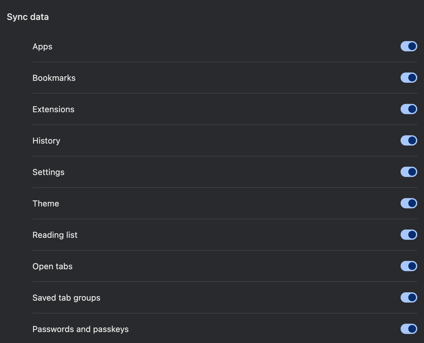 Chrome's auto sync feature lets you customize what you want synced