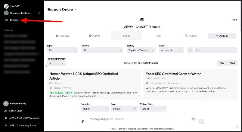 Сайдбар ChatGPT с кнопкой Explore