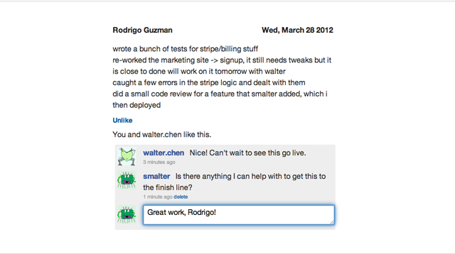 Скриншот интерфейса iDoneThis с ежедневными записями