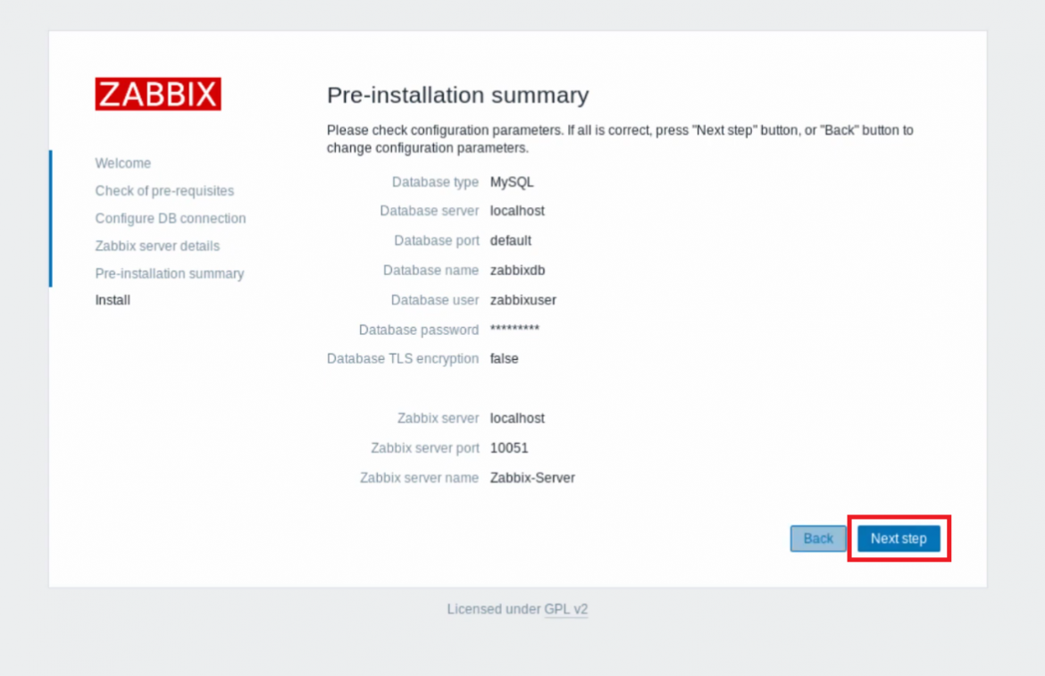 Сводка настроек перед установкой Zabbix