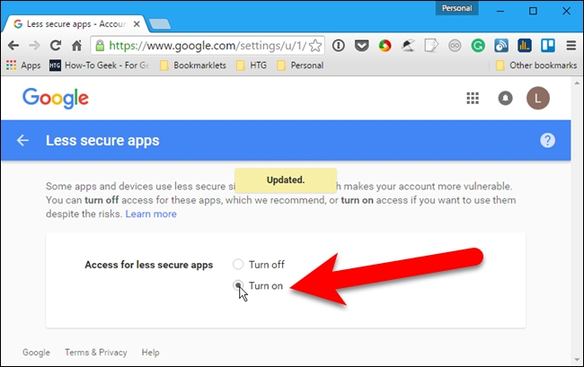 Страница Разрешить менее безопасные приложения в Google