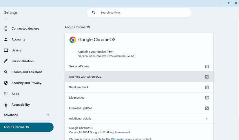 Обновление ChromeOS через приложение «Настройки».