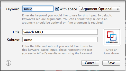 Окно редактирования триггера Keyword в Alfred