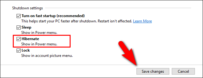 Параметр гибернации в окне параметров питания