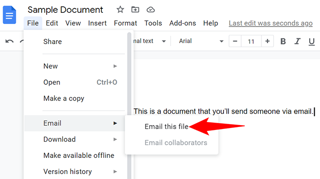 Выберите Файл > Отправить по электронной почте > Отправить этот файл в меню Google Docs.