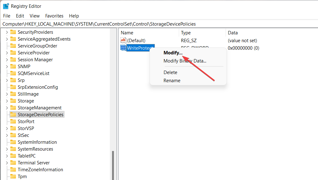 Редактирование параметра WriteProtect в реестре