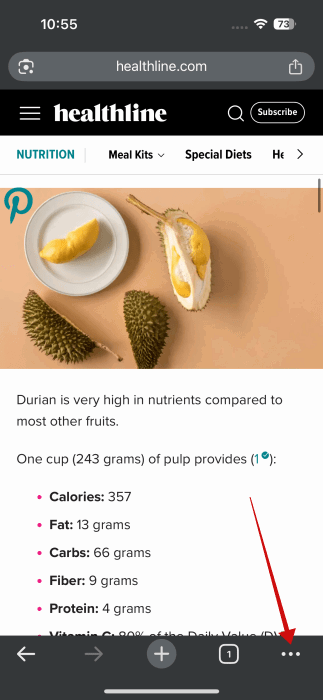 Нажатие на кнопку с тремя точками в Chrome на iPhone