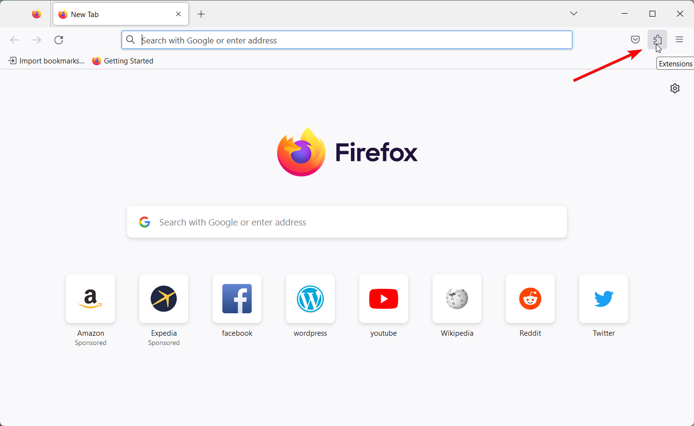 Меню дополнений Firefox: иконка пазла