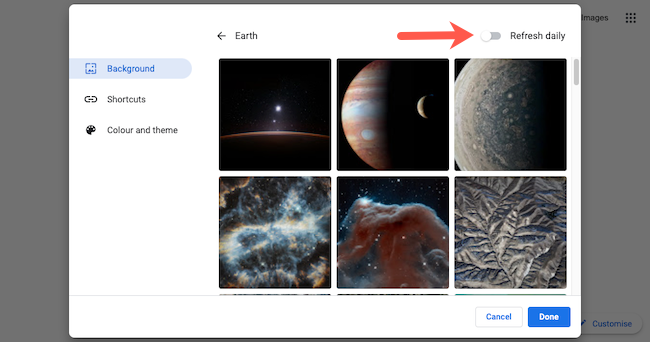 Переключатель обновления фона ежедневно в Google Chrome