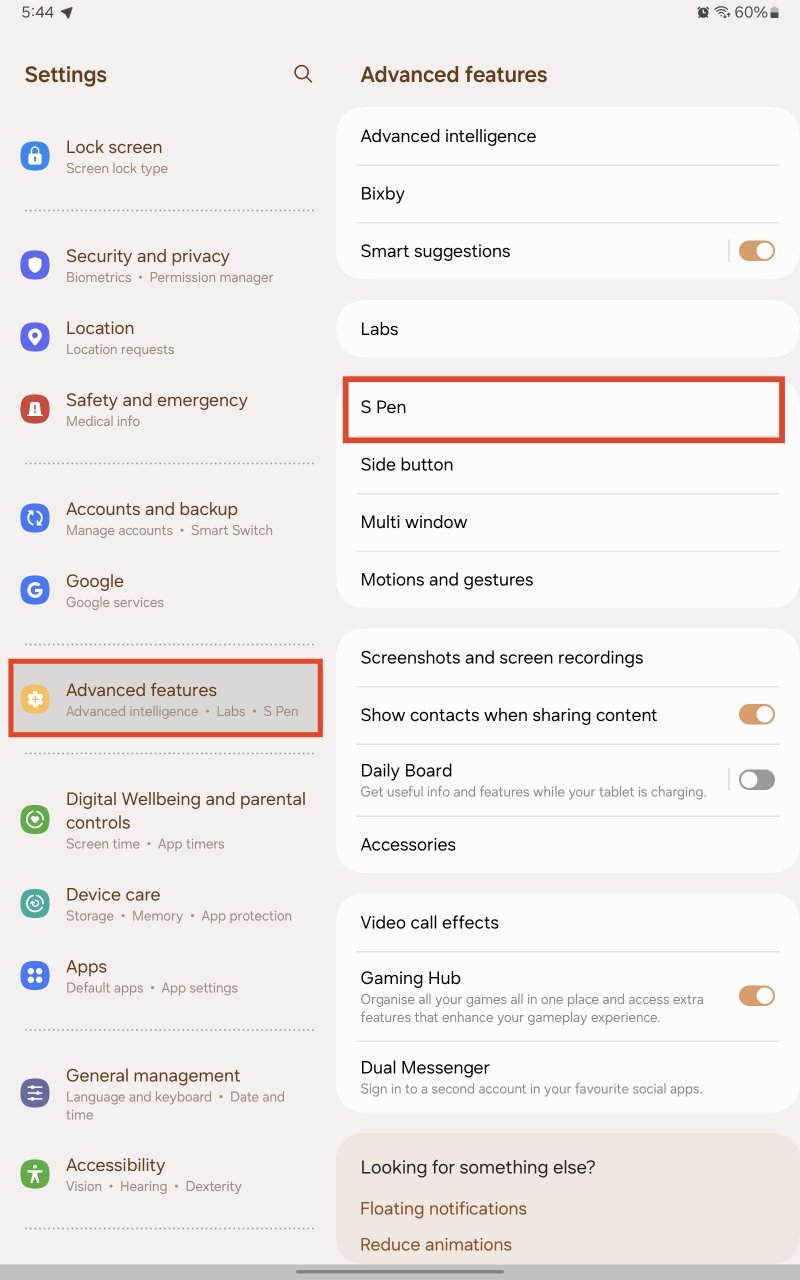 Открытие настроек S Pen