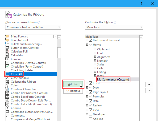 Add a command to a new group on the Excel ribbon