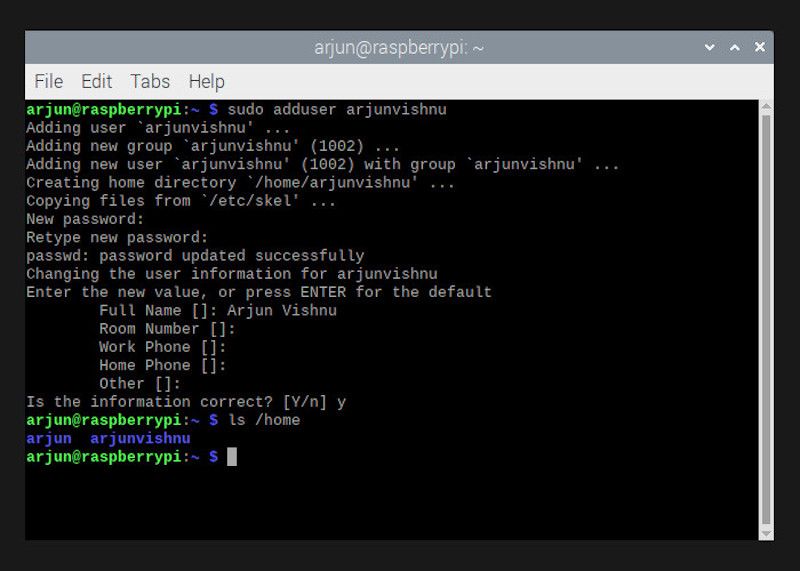 Создание нового пользователя с помощью команды adduser