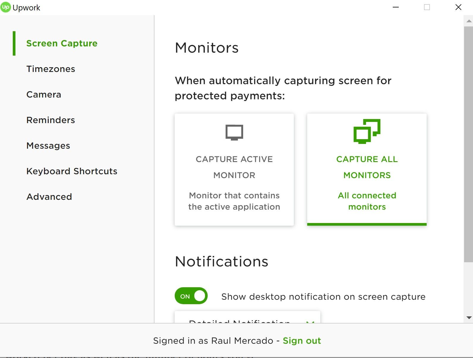 Upwork Desktop app settings