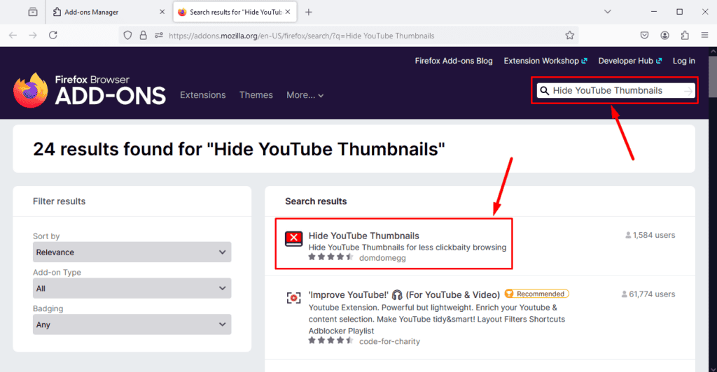 Страница расширения Hide YouTube Thumbnails