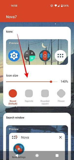 Предпросмотр размера иконок в Nova Launcher