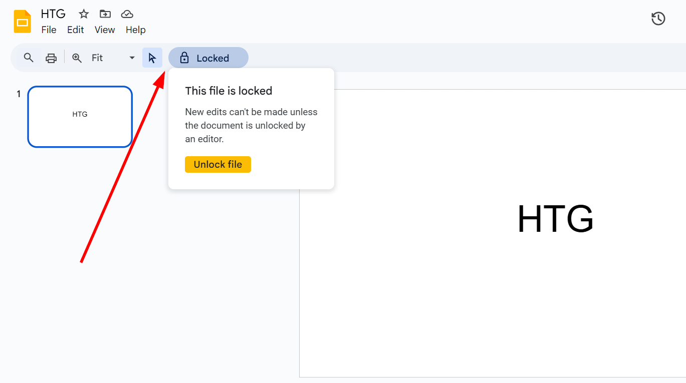 Уведомление в документе Google Slides о том, что документ заблокирован и правка невозможна.