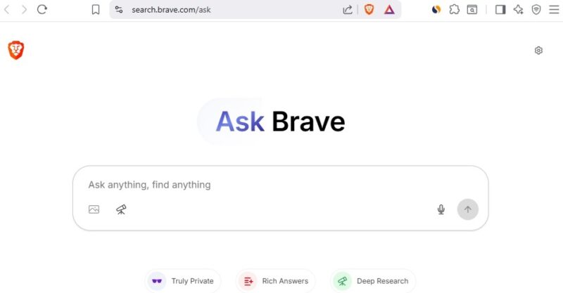 Page d'accueil du chatbot Ask de Brave.