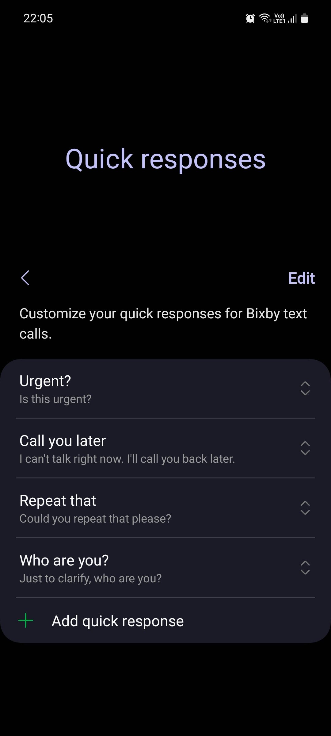 Добавление быстрых ответов для Bixby Text Call