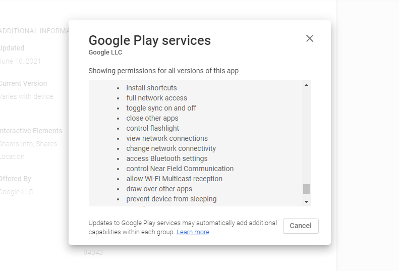 Разрешения, запрашиваемые Google Play Services
