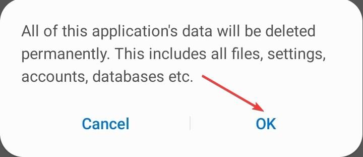 Подтверждение очистки данных — «ОК»