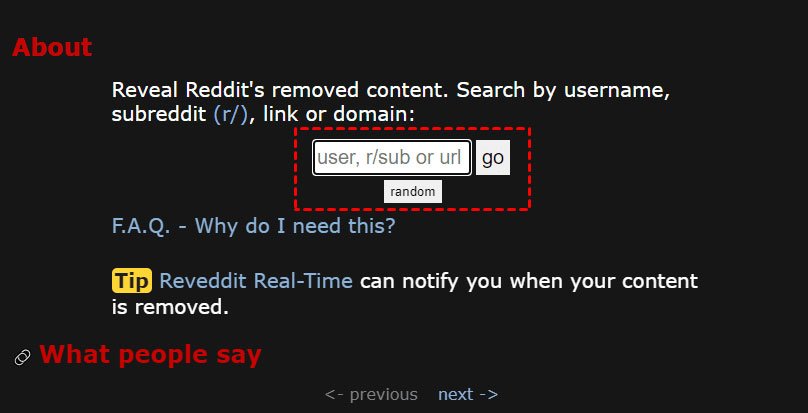 Pagina di ricerca di Reveddit con campo per username e link
