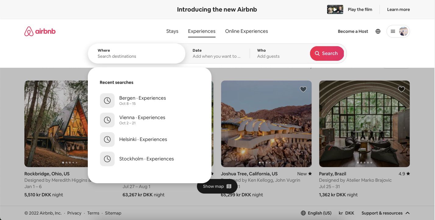 screenshot showing the airbnb experiences tab