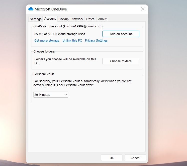 Страница учётной записи OneDrive с кнопкой отвязать