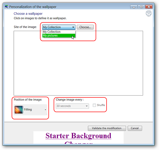 Выбор обоев: меню источников (Мои рисунки), параметры заполнения и таймер слайдшоу