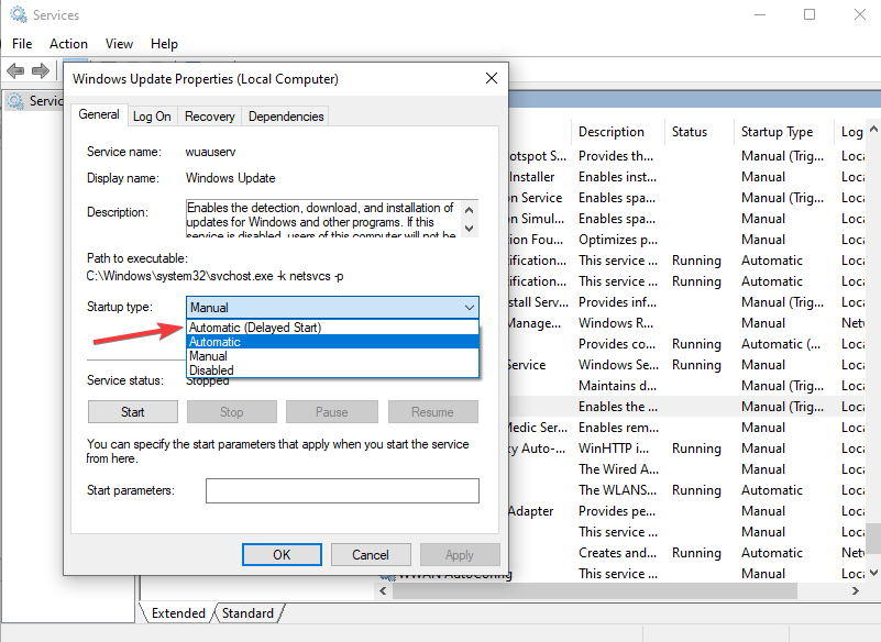Выбор типа запуска службы — Автоматический