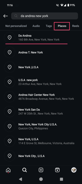 Переход во вкладку «Places» в поиске Instagram