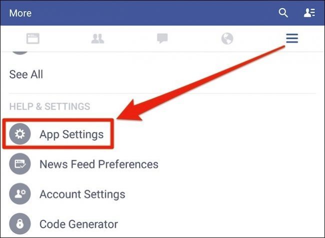 Пункт меню «Настройки приложения» в Android-версии Facebook
