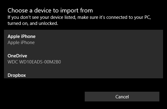 Диалог Windows с предложением импортировать фото с iPhone