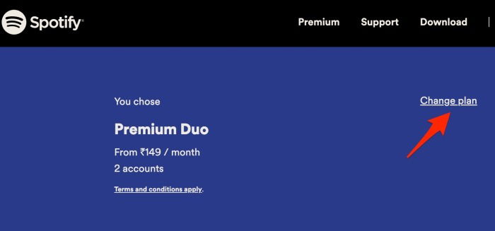 Экран подтверждения изменения плана в Spotify