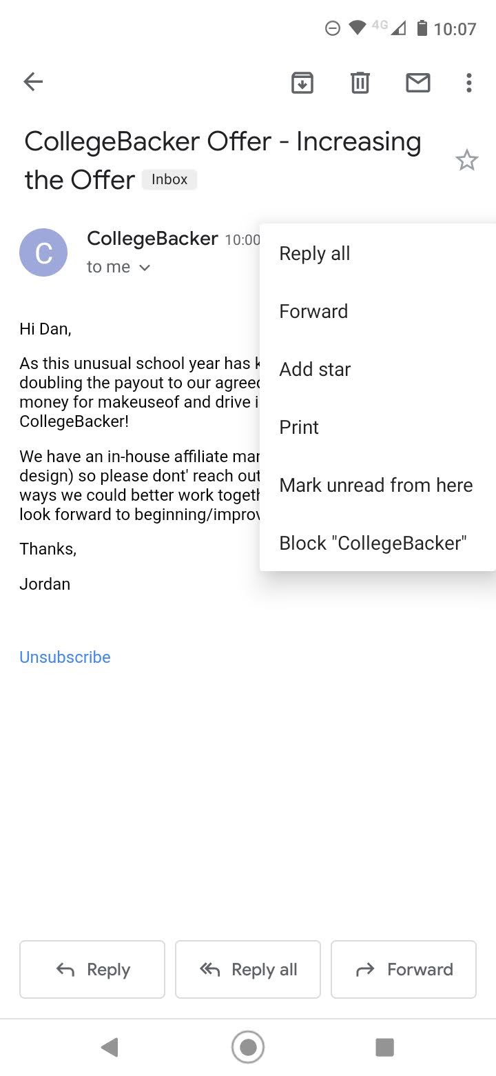 Блокировка отправителя в мобильном приложении Gmail