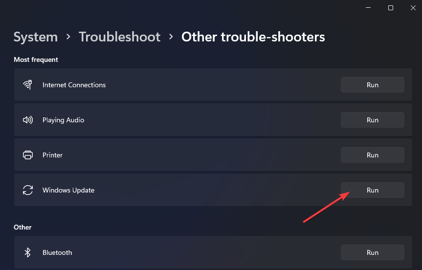 Кнопка «Выполнить» средства устранения неполадок Центра обновления Windows