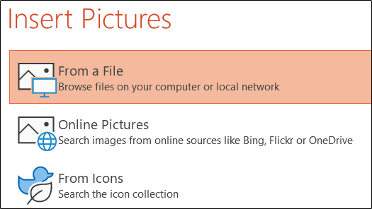 Диалог вставки рисунка с тремя вариантами: из файла, из Интернета, с иконок