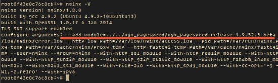 Вывод nginx -V с информацией о сборке и модулях