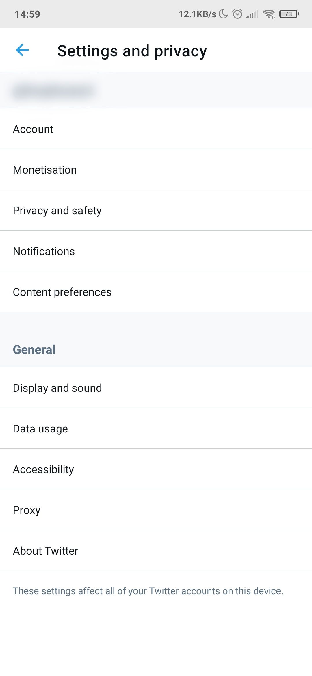 Страница настроек аккаунта в мобильном приложении Twitter