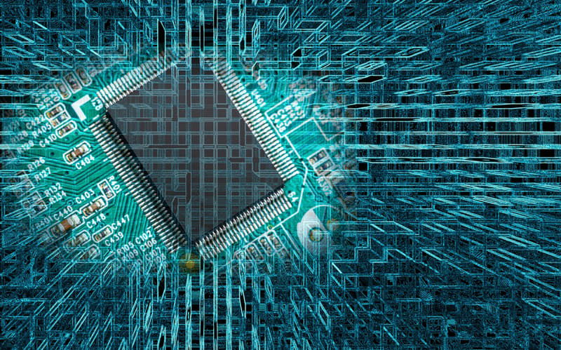 Чип процессора на плате, зелёный фон