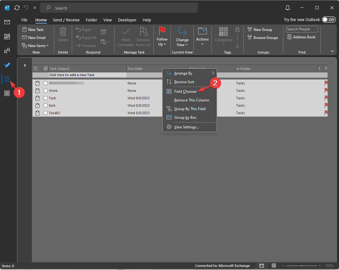 Контекстное меню с опцией Field Chooser