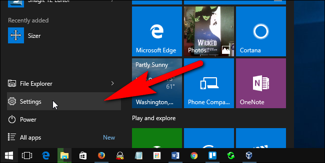 Выбор Параметры в меню Пуск Windows 10