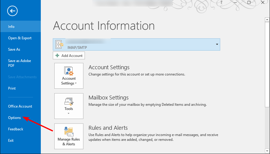 Menu Opzioni in Outlook
